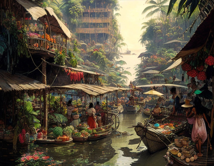 Colorful floating market scene with wooden boats, vendors in traditional attire, and lush greenery.