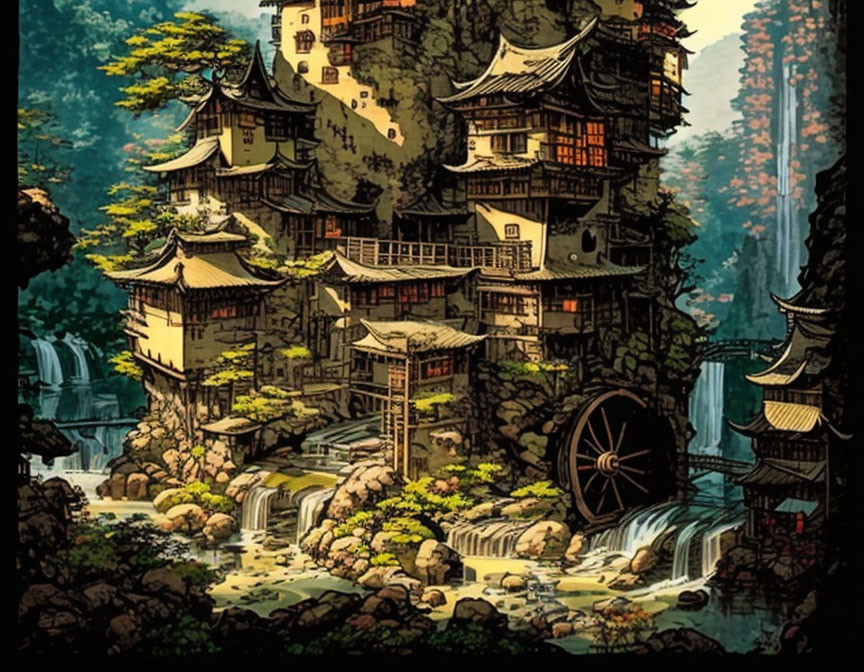 Detailed Asian-style pagoda amidst waterfalls, greenery, and waterwheel