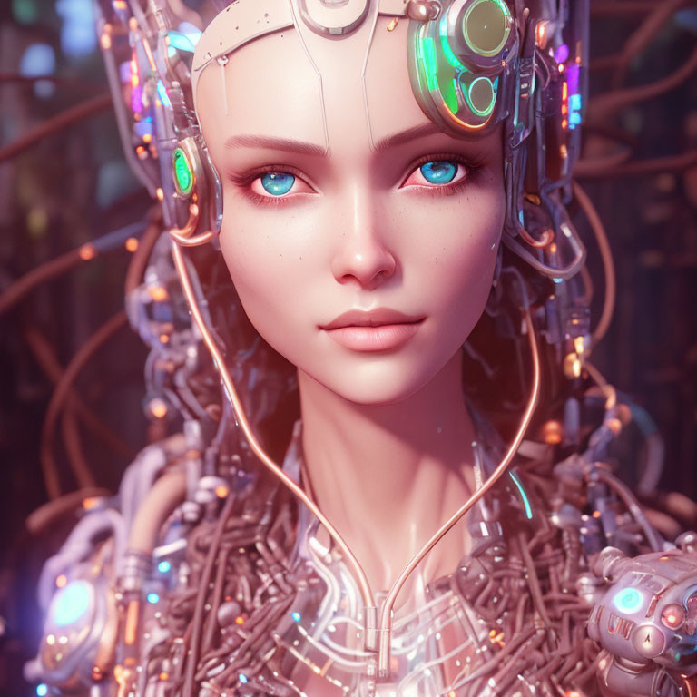 Female android portrait with blue eyes and futuristic technology against wire background