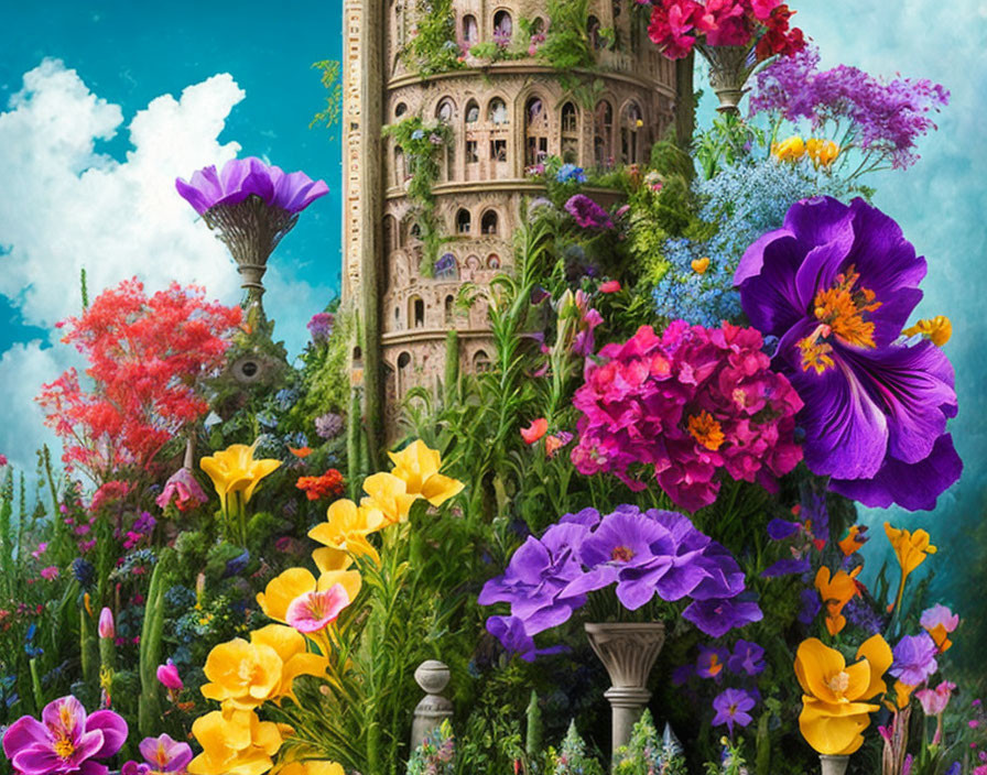 Colorful fantasy scene with floral building and floating gardens against blue sky