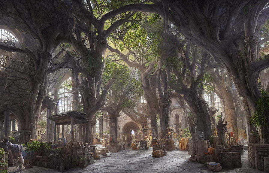 Mystical marketplace in enchanted forest with towering trees, stone arches, and magical stalls.