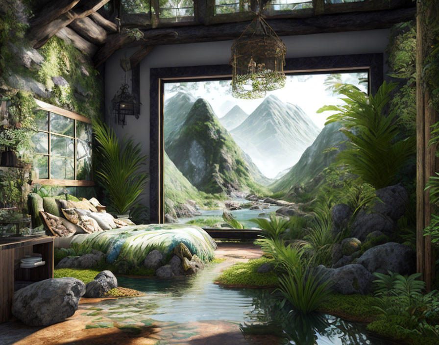 Tranquil bedroom with nature elements: bed, rocks, plants, stream, mountain view