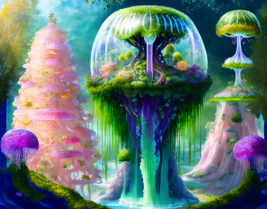 Fantasy landscape with pink tree tower and whimsical mushrooms