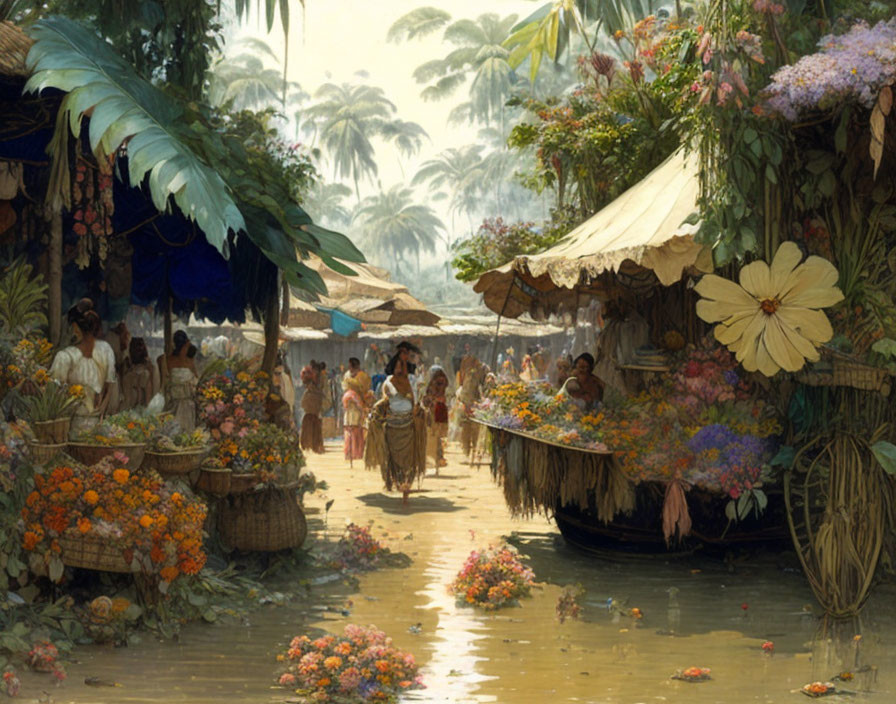 Vibrant tropical market scene with lush foliage and colorful flowers.