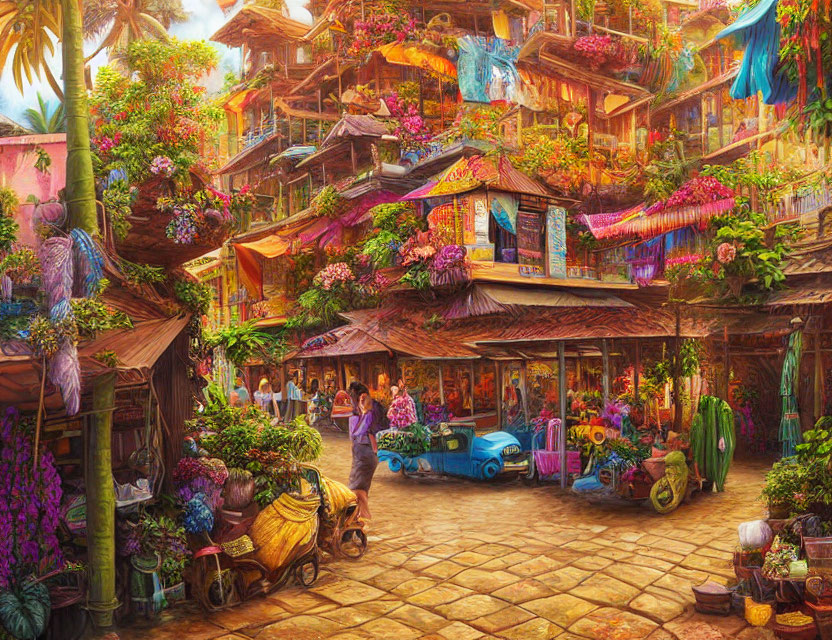 Colorful market scene with stalls, greenery, people, and old blue car in sunny setting