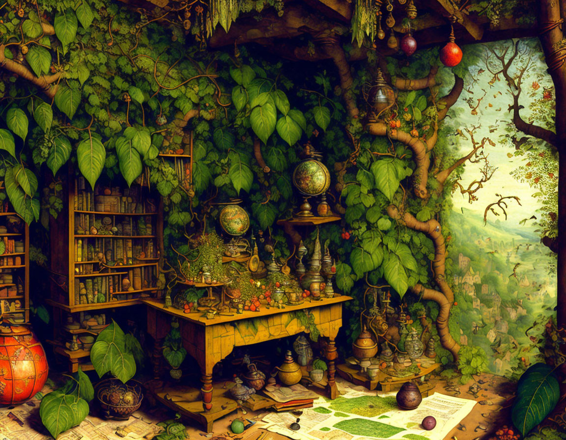 Woodland study with bookshelves, maps, globes, plants, and lanterns