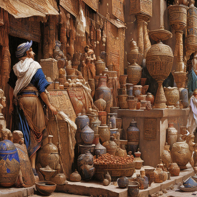 Traditional Attire Figure in Pottery-Filled Marketplace