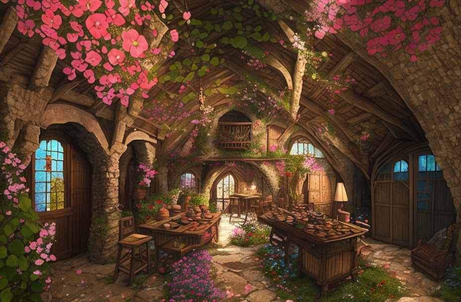 Medieval tavern interior with pink flowering vines, stone arches, wooden tables, and fireplace