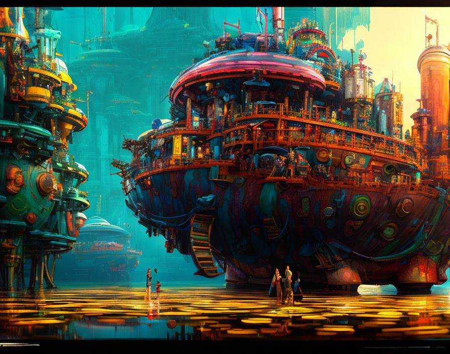 Futuristic cityscape with towering structures and ship-like building on golden surface