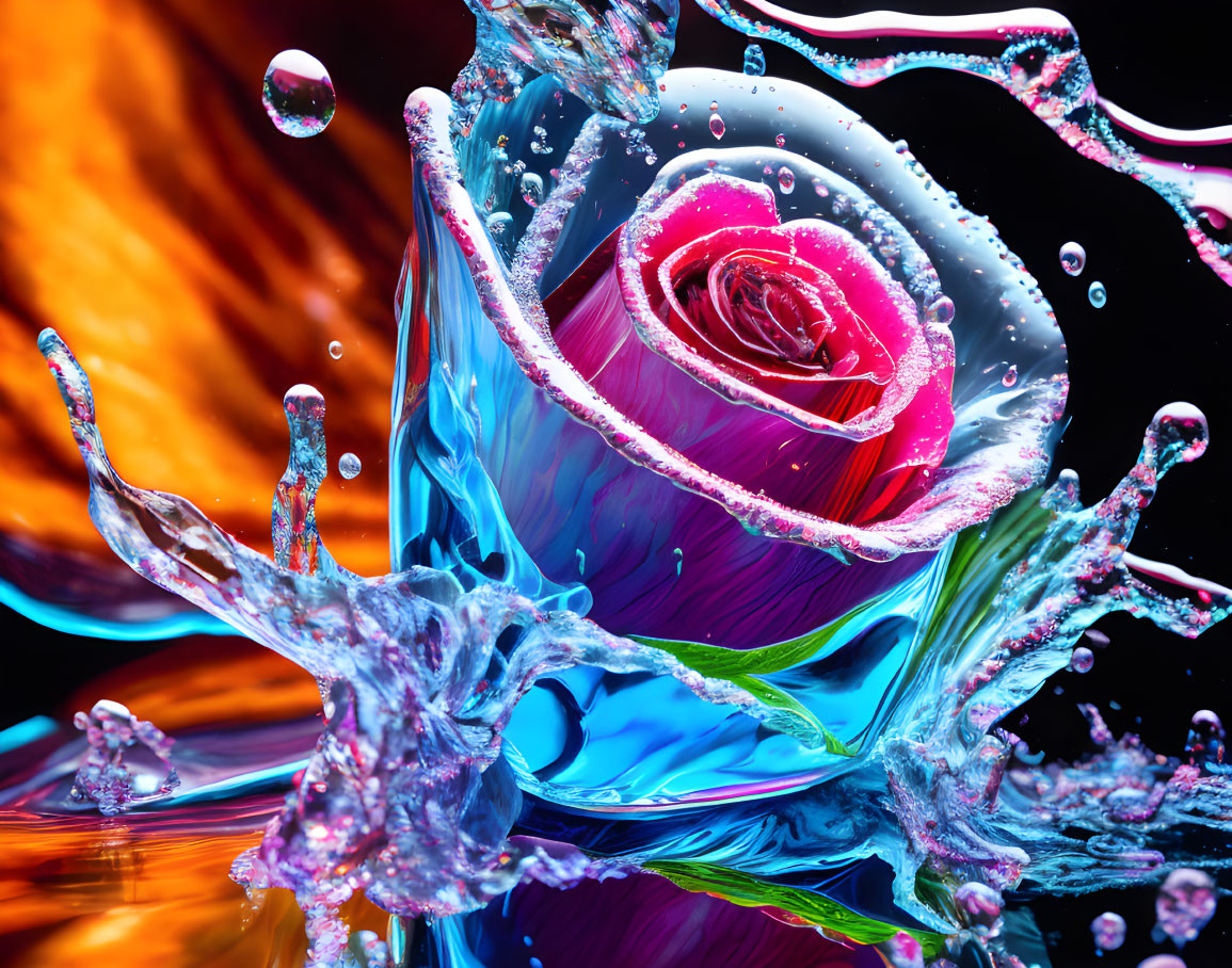 Pink Rose with Blue Water Splashes on Orange and Black Background