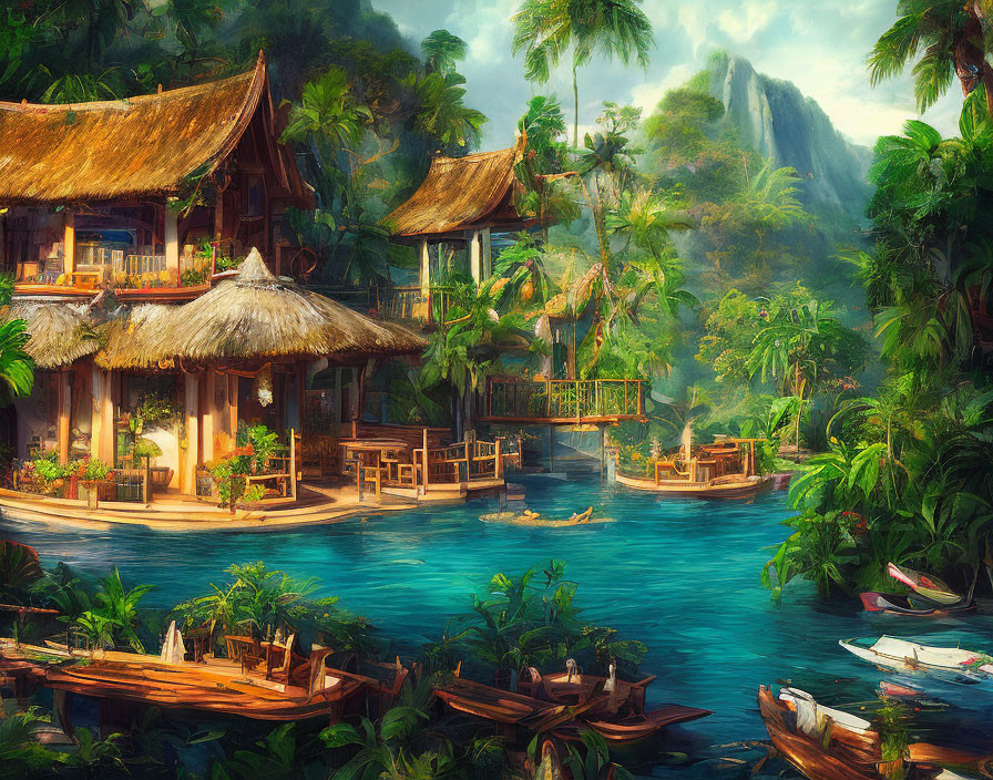 Traditional wooden houses and boats in lush tropical landscape.