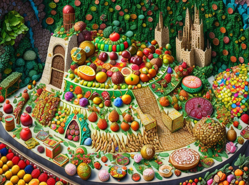 Detailed Illustration of Vibrant Fantastical Fruit Landscape