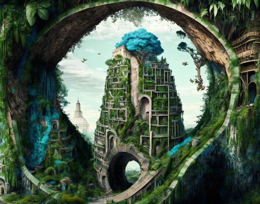 Fantastical landscape with overgrown tower and flying eagle in circular frame