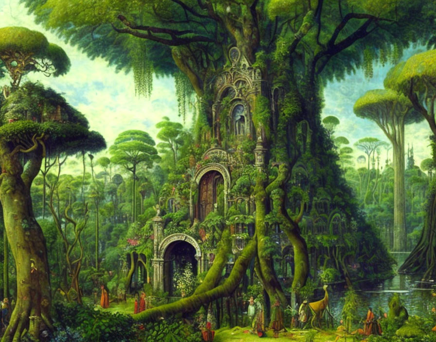 Verdant forest with oversized mushrooms and ornate castle in nature scene