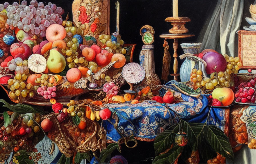 Colorful Fruit Still Life Painting with Draped Fabrics and Vessels