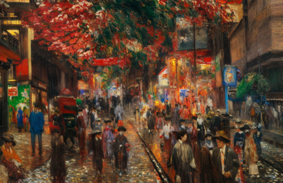 Colorful Impressionistic Painting of City Street with Pedestrians and Shopfronts