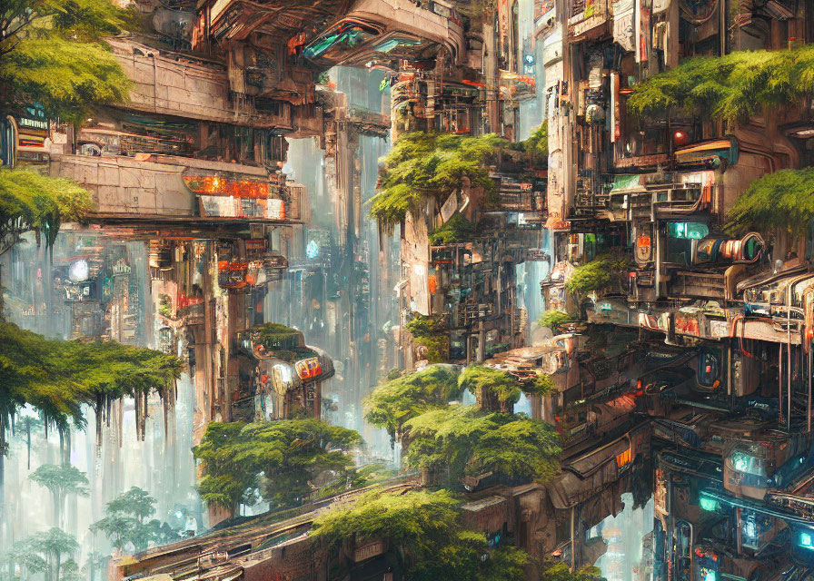 Futuristic urban cityscape with lush greenery and neon-lit towers