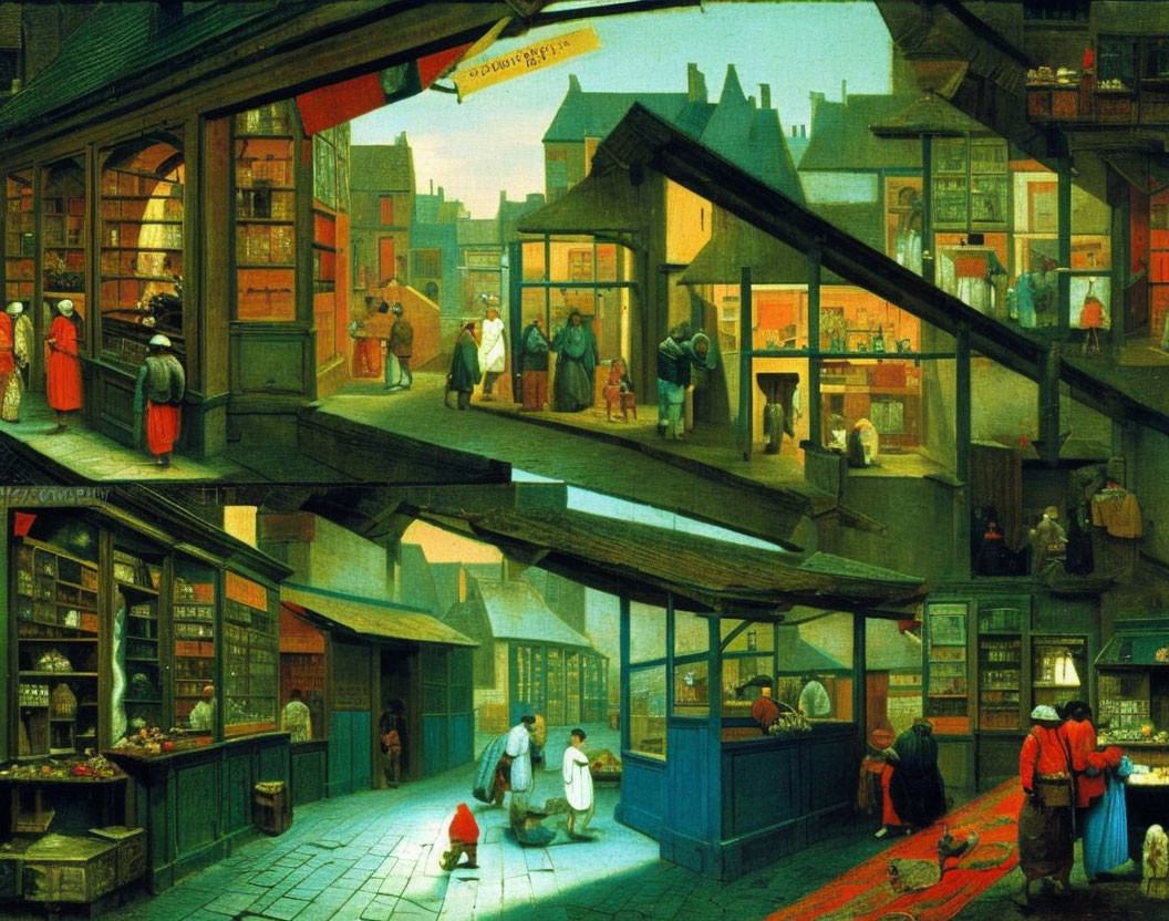 Medieval street scene with shops, pedestrians, and goods on display