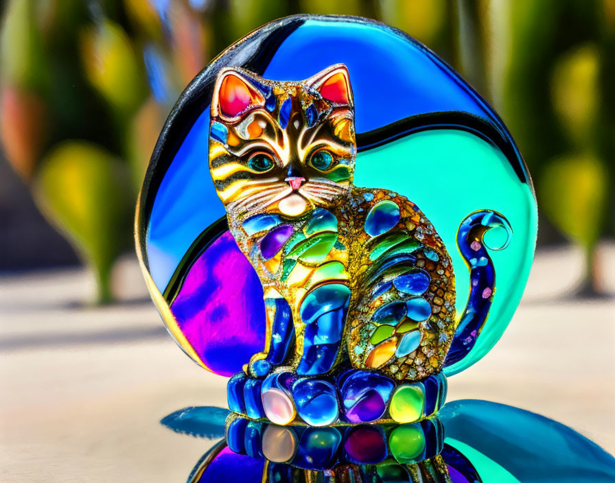 Multicolored cat glass sculpture on blue and green backdrop