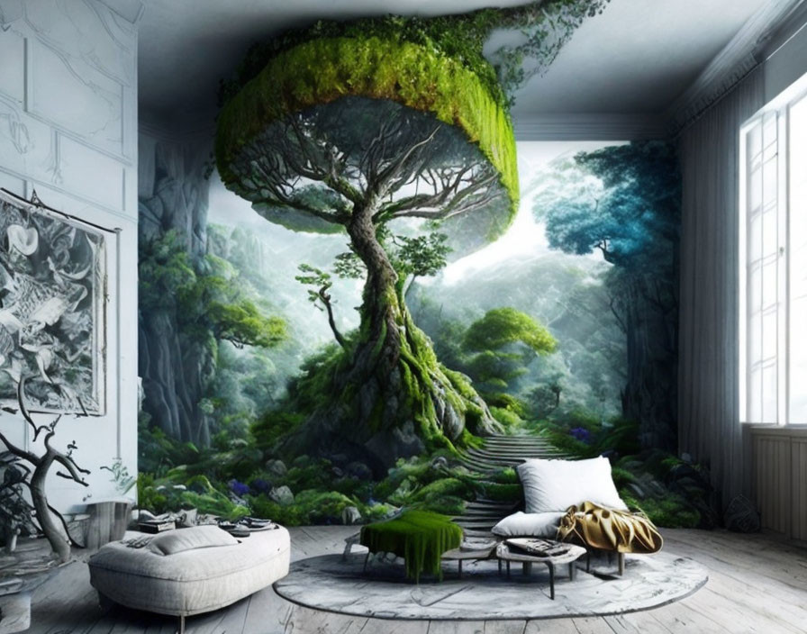 Spacious room with elegant decor and surreal tree centerpiece