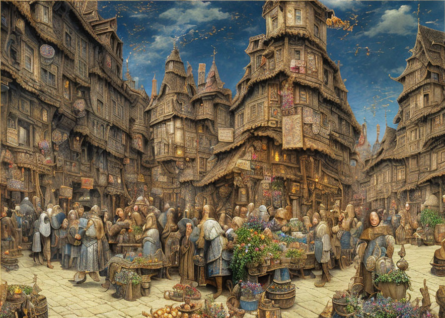 Medieval marketplace with townsfolk and flower stalls