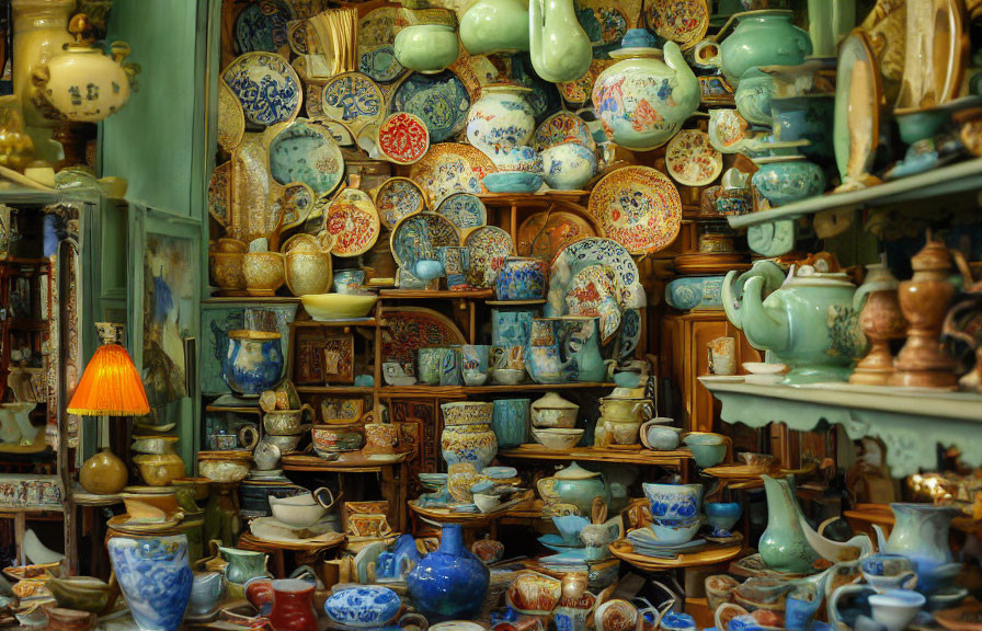 Colorful Antique Ceramics and Pottery: Plates, Vases, Bowls in Cozy Shop