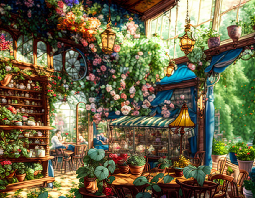 Flower-filled cafe terrace with hanging plants and wooden shelves