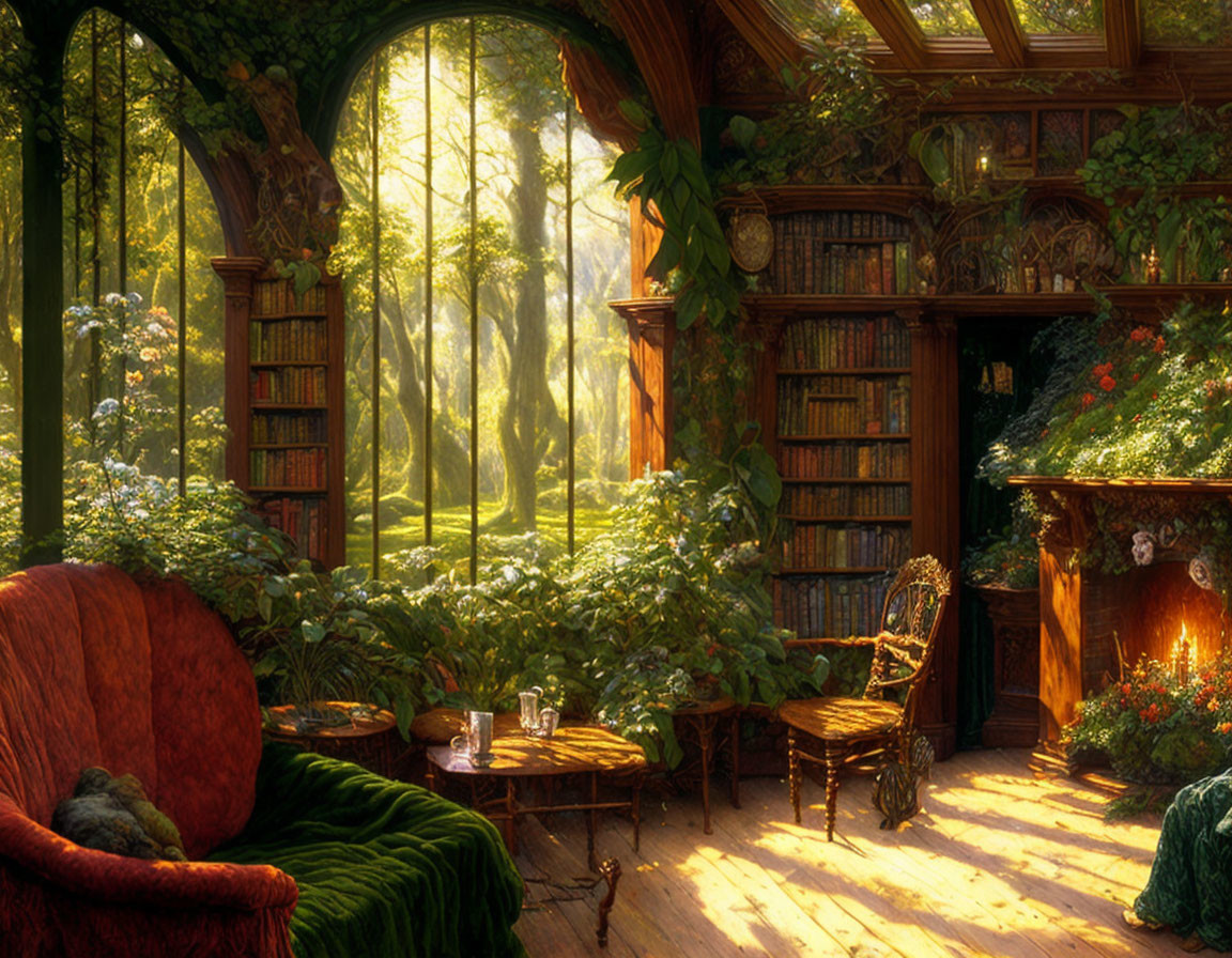 Sunlit Library with Greenery, Forest View, Bookshelves, Red Chair, Wooden Table