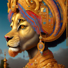 Majestic lion with gold and blue headgear under dramatic sky