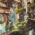 Futuristic cityscape with East Asian architecture and canal.