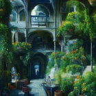 Fantastical lush cityscape with waterfalls, greenery, ancient buildings, arches, and