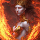 Fantasy illustration of woman with golden flame-like hair and fiery backdrop.