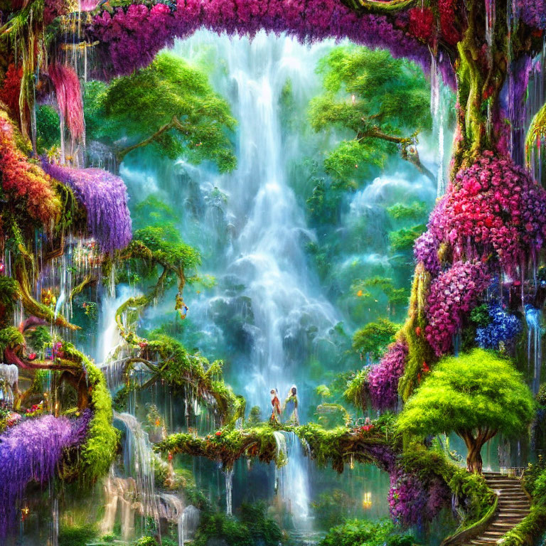 Majestic waterfall in vibrant fantasy landscape