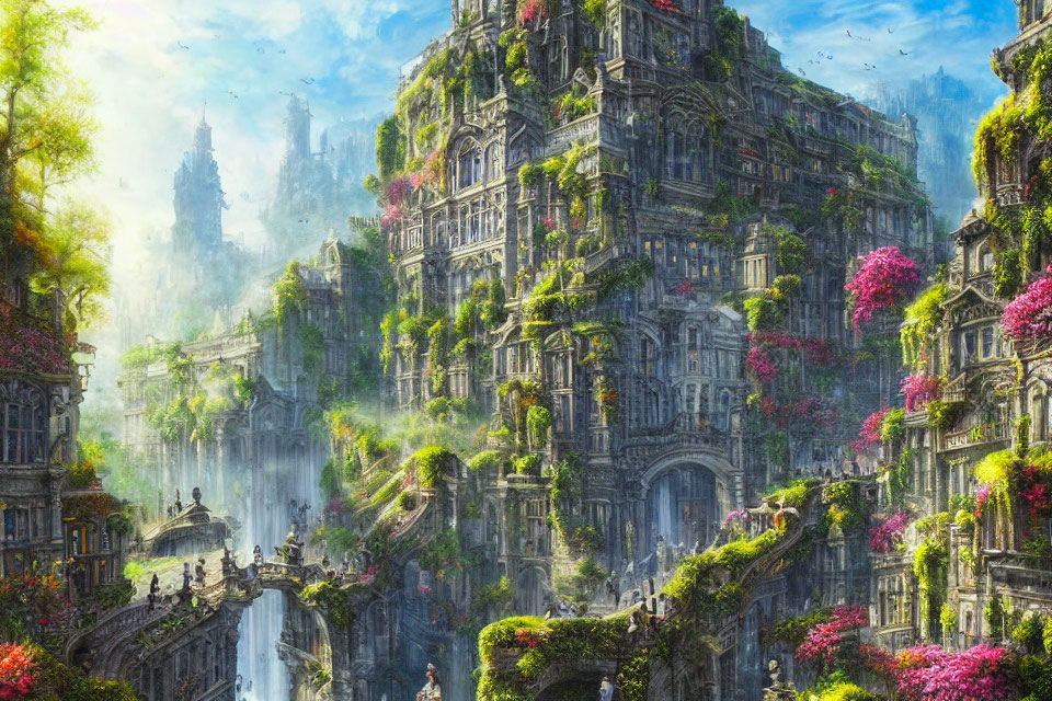 Fantasy city with lush greenery, cascading waterfalls, and vibrant flora