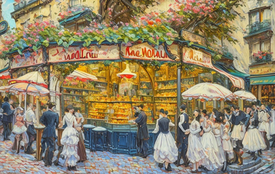 Vibrant painting of bustling vintage street scene with fruit stand and floral cafe under sunny sky