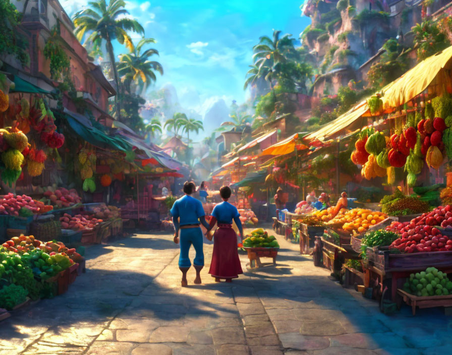 Vibrant fruit stalls in colorful market scene with animated figures and sunny backdrop