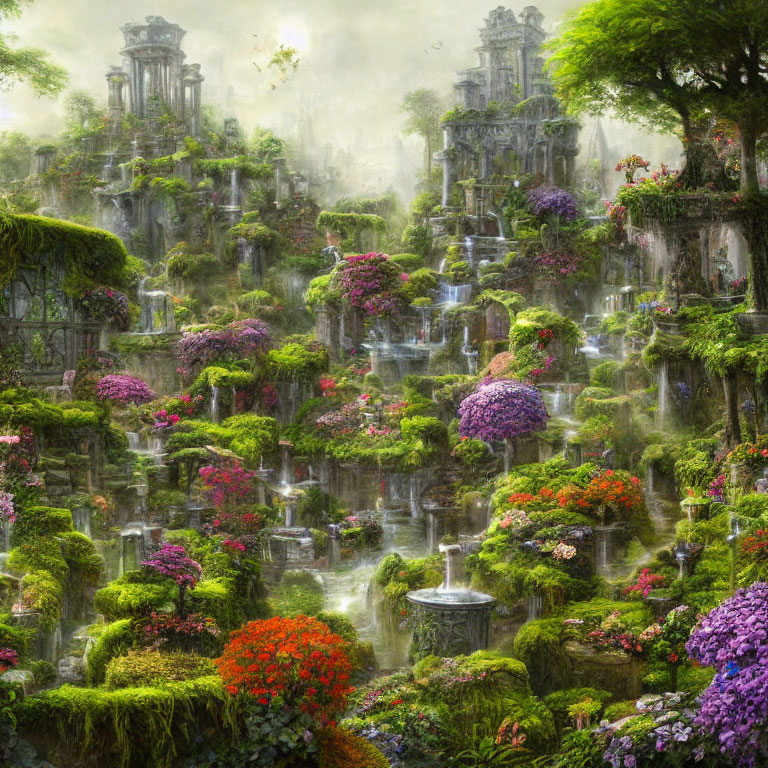 Lush landscape with waterfalls, greenery, flowers, and ancient ruins