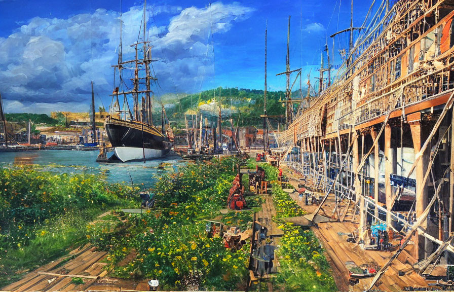 Detailed oil painting of bustling shipyard scene with tall ships, workers, green field, blue skies.