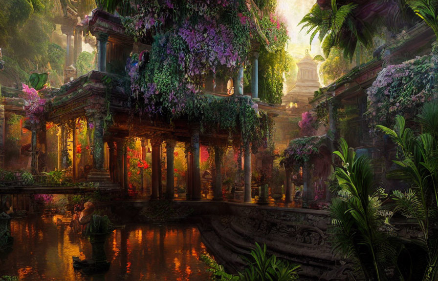 Enchanted forest temple with overgrown plants and tranquil water.