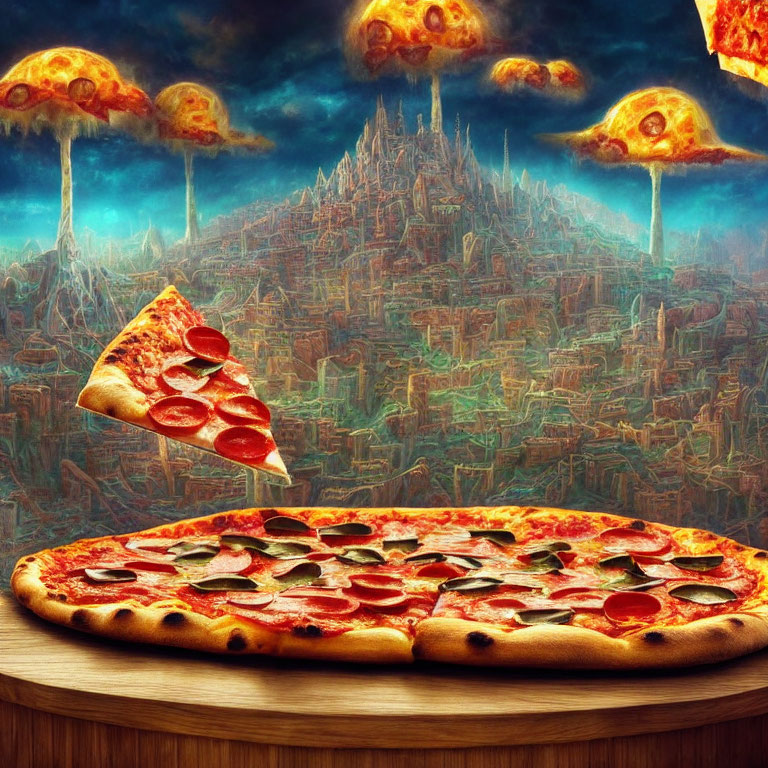 Surreal cityscape backdrop with floating pizza slices and giant pepperoni pizza