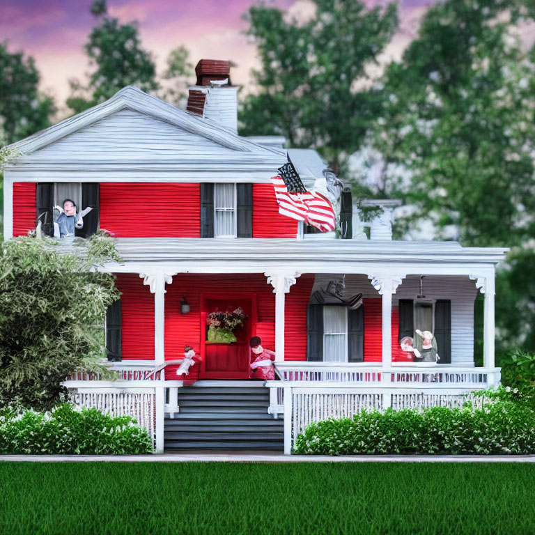 Two-story red house with white trim, front porch, American flag, and greenery at dusk