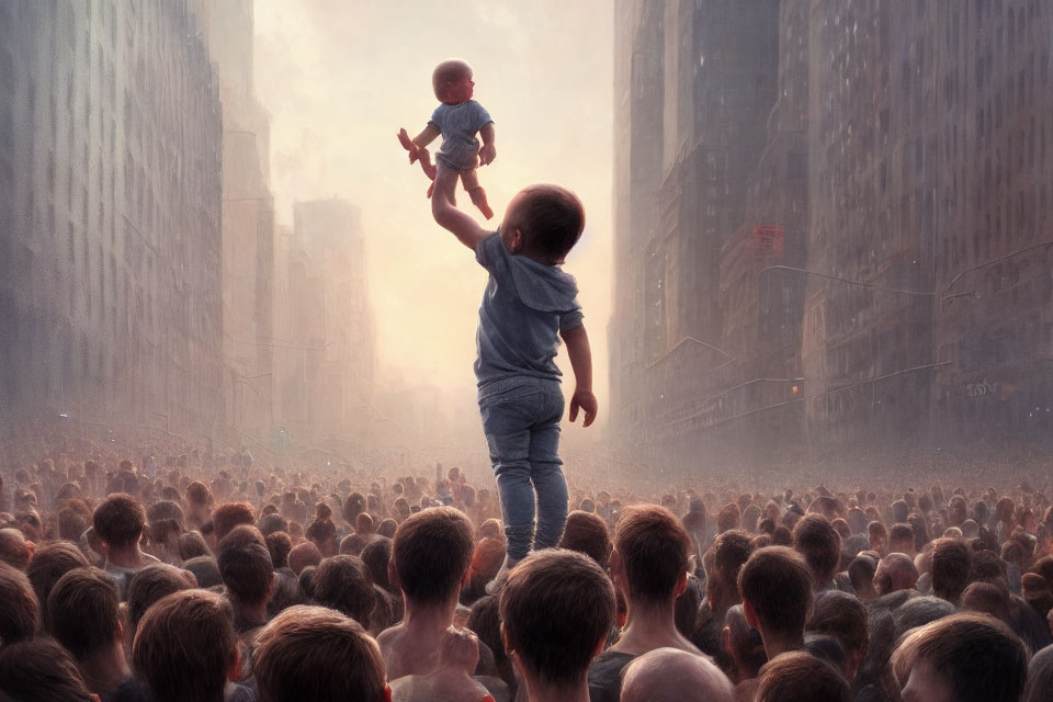 Child holding toy figure in city crowd with towering skyline.