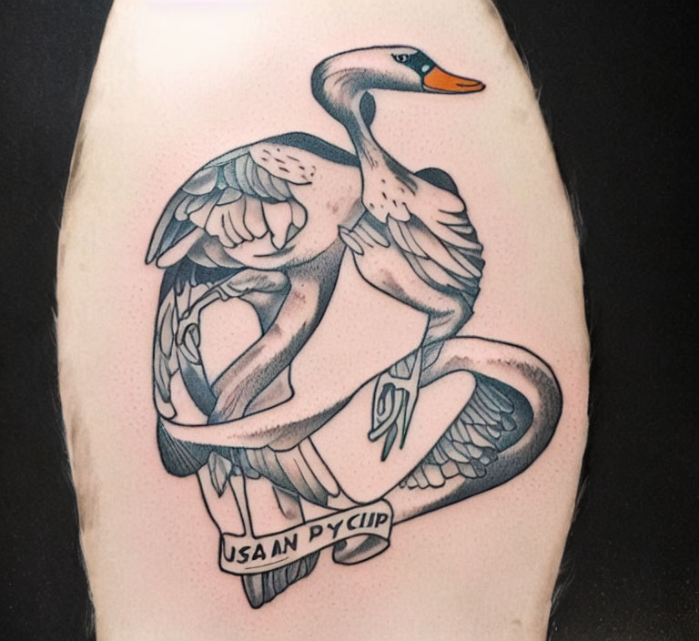 Stylized swan tattoo with ribbon reading "USAN PY CIP