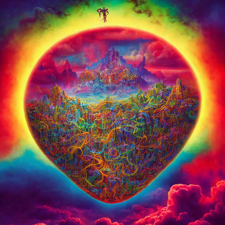 Vividly colored surreal landscape with intricate details in circular rainbow aura