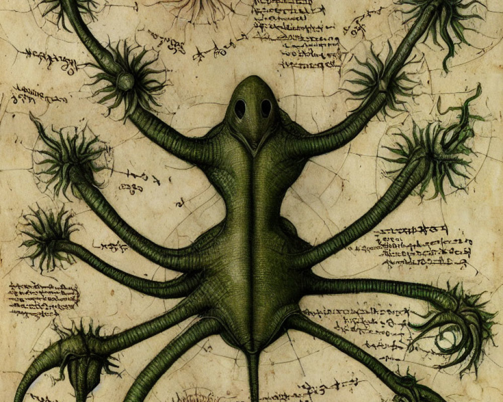 Illustrated octopus-like creature with spread tentacles on ancient manuscript.