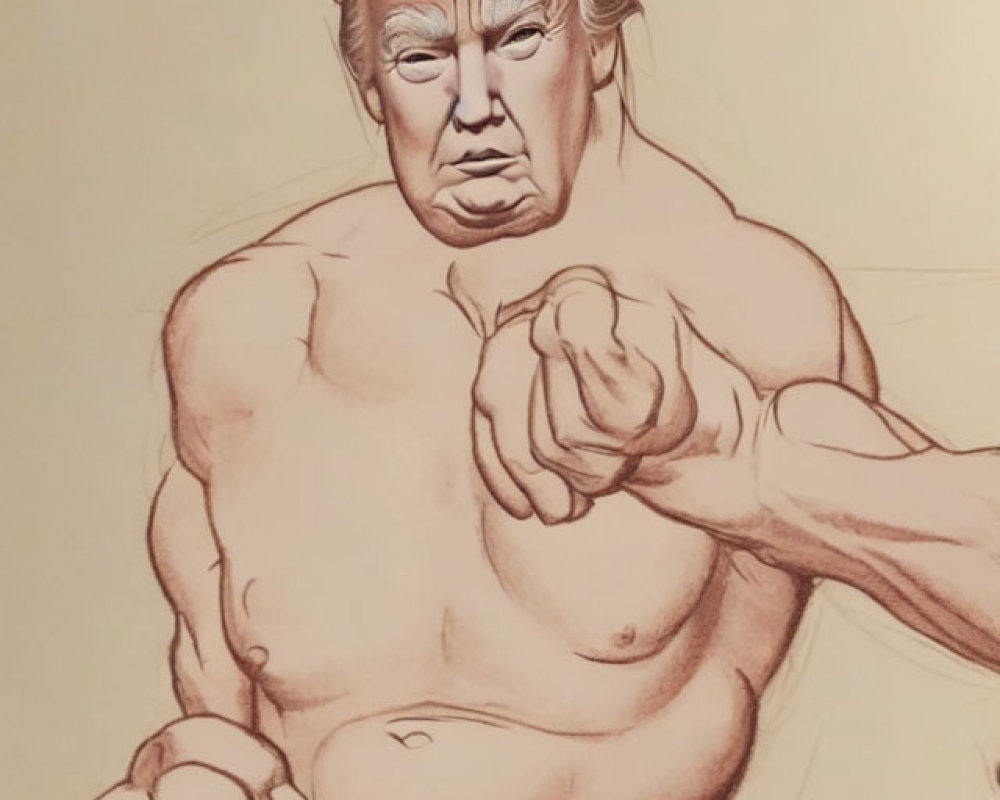 Shirtless man caricature pointing at viewer