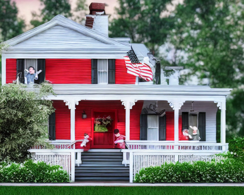 Two-story red house with white trim, front porch, American flag, and greenery at dusk