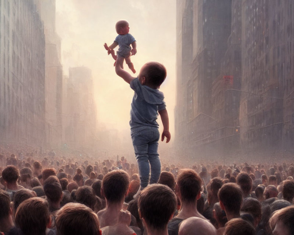 Child holding toy figure in city crowd with towering skyline.