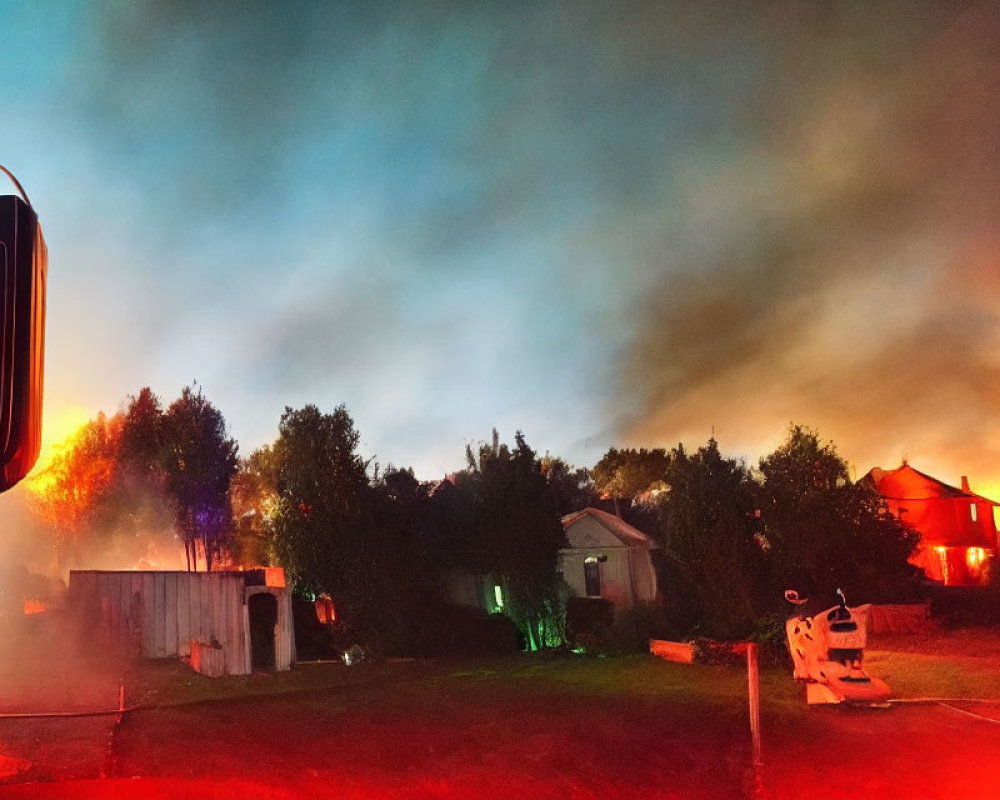 Residential fire at night with bright flames and emergency lights.