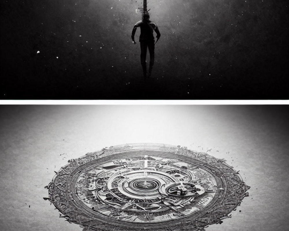 Silhouetted figure diving into intricate circular mandala design